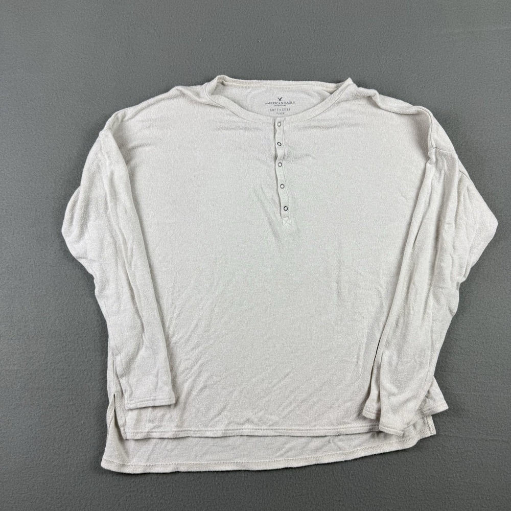 American Eagle Women's Medium Beige Soft & Sexy Plush Long Sleeve Henley Stretch